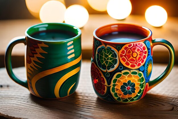 two colorful cups with colorful designs are on a wooden table