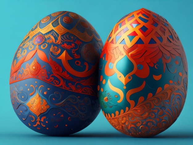 Two colorful easter eggs with a design on the front.