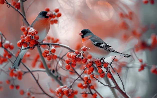 Photo two colorful eurasian bullfinch amid vibrant red berries showcasing natures beauty in a serene winter setting