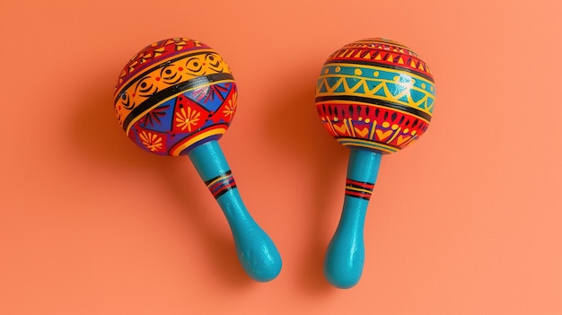 Two colorful maracas on an orange background