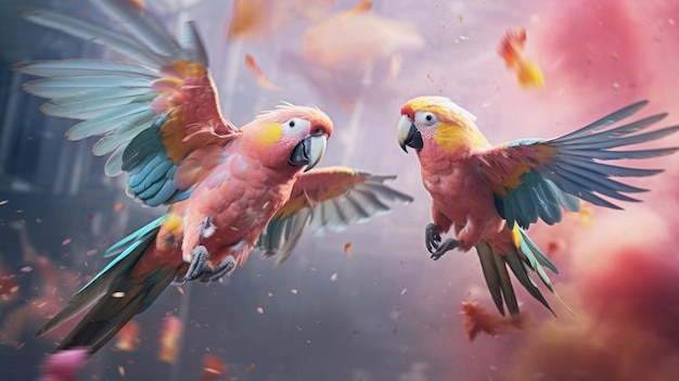Two colorful parrots are flying in the air
