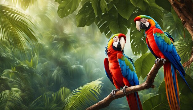 Photo two colorful parrots are sitting on a branch in a jungle