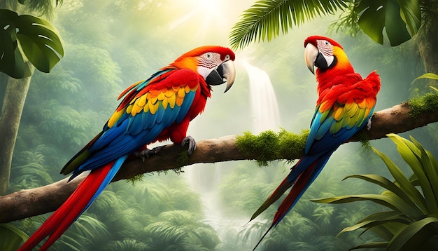 Photo two colorful parrots are sitting on a branch in the jungle