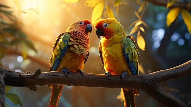 Foto due pappagalli colorati seduti serenamente su un ramo d'albero lussureggiante