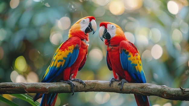 Two Colorful Parrots Perched on Tree Branch