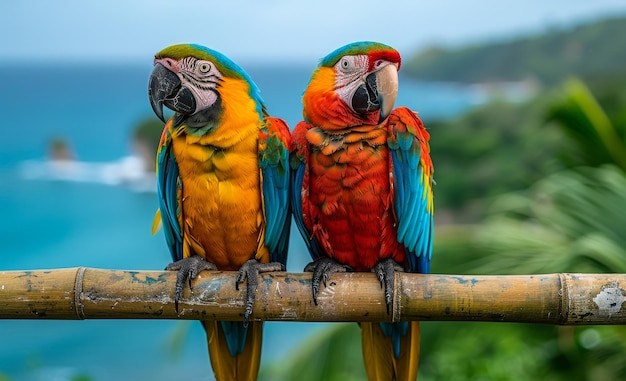 Two colorful parrots sitting on branch in the jungle