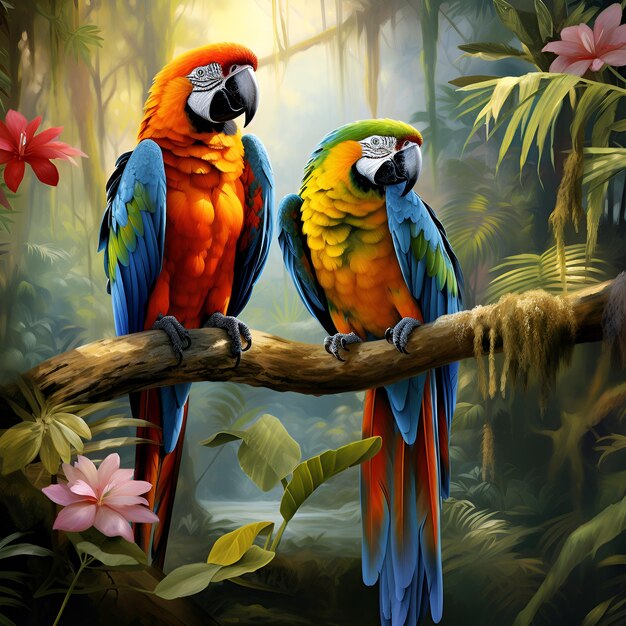 Two colorful parrots sitting on a branch in the jungle