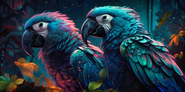 Two colorful parrots sitting in the dark with some plants on the branches