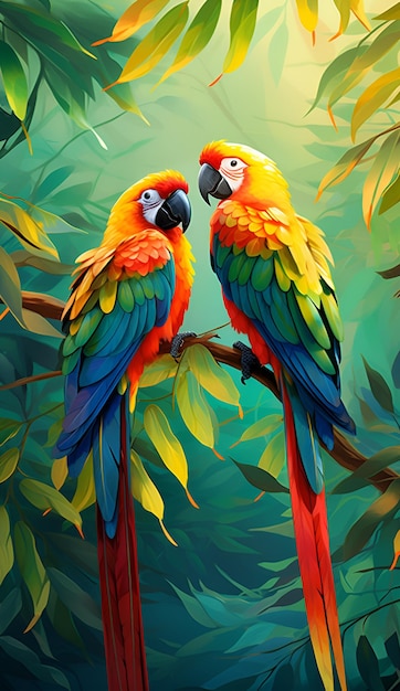 Two colorful parrots sitting on a tree branch with leaves