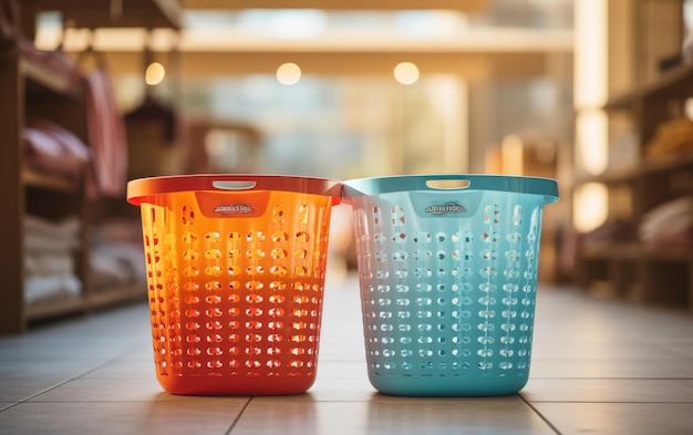 Two colorful plastic baskets resting on a patterned tiled floor