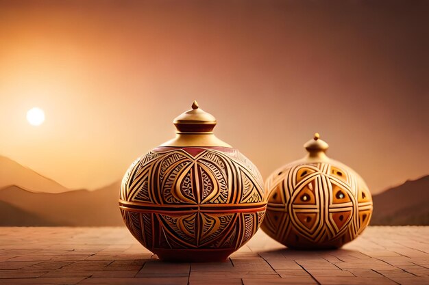 Two colorful pots on a wooden table with a sunset in the background