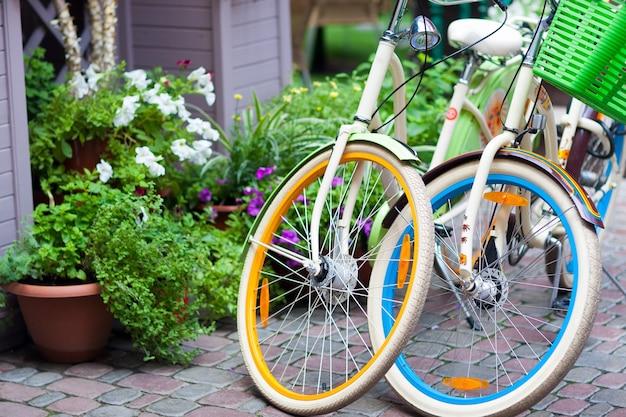 Two colorful retro bicycles on street road