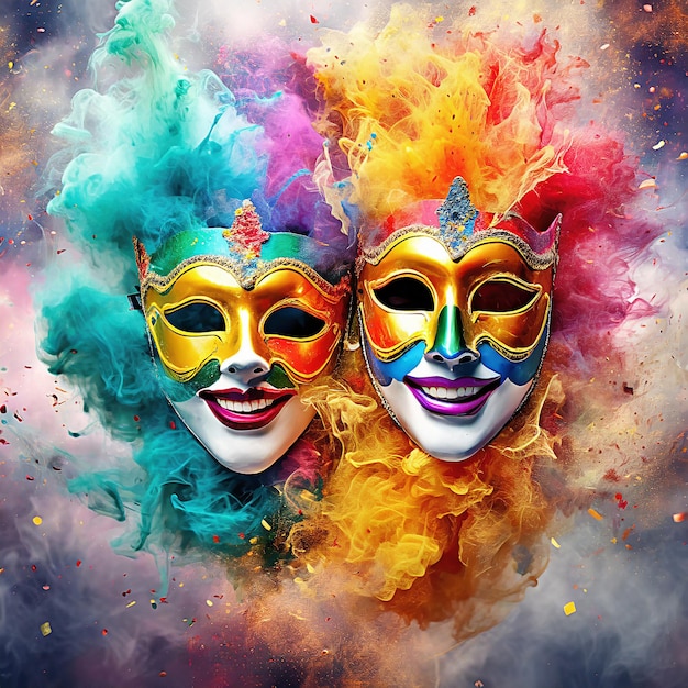 two colorful smiling carnival masks in an explosion of colors and colored smoke