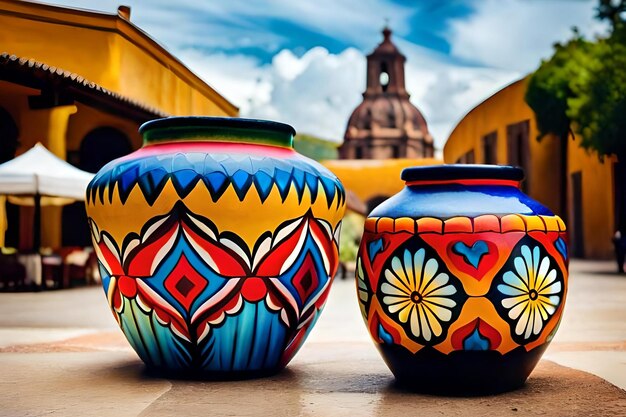 Photo two colorful vases with a blue and yellow pattern on them.