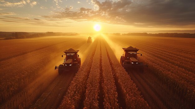 Two Combiners Harvesting Wheat in Sunset