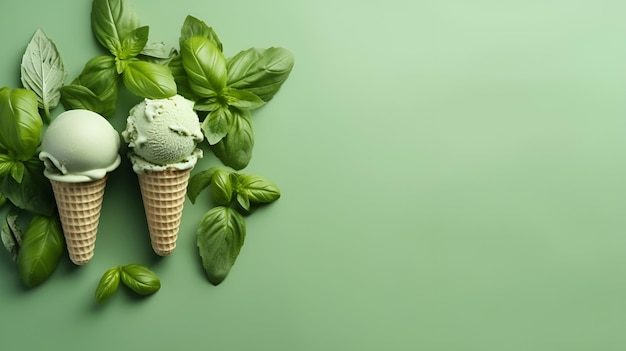 Два конуса базиликового мороженого с листьями базилика вокруг Домашний зеленый мороженое с базиликом и мятой на светло-зеленом фоне Летние десерты Веганская еда
