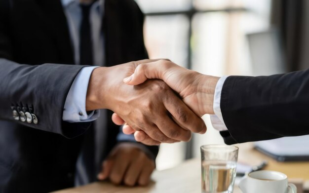 Photo two confident business man shaking hands during a meeting in the office success dealing greeting