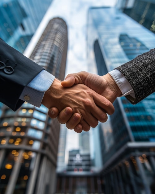 Two confident business man shaking hands during meeting in the city