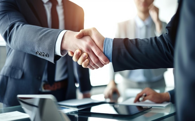 Two confident business man shaking hands during a meeting in the office success dealing greeting