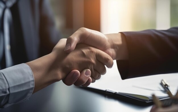 Два уверенных бизнесмена пожимают друг другу руки во время встречи в офисе, приветствуя успех