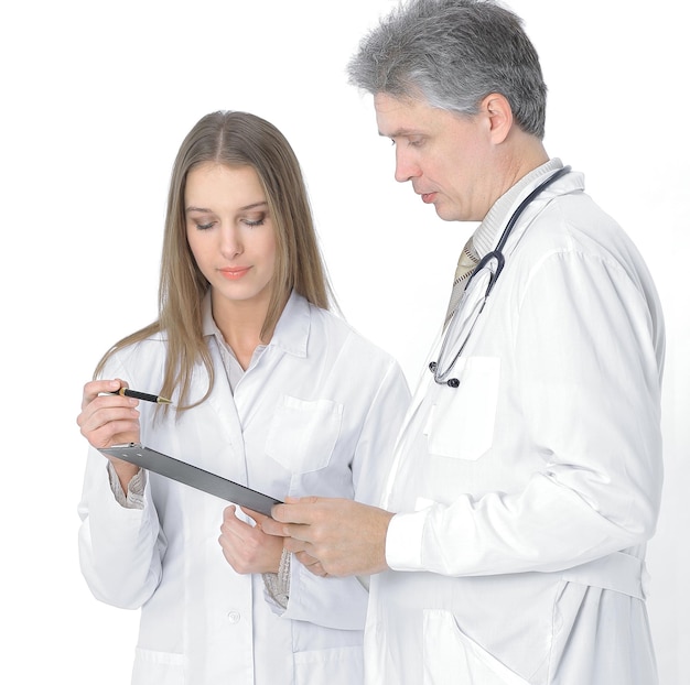 Two confident doctor discussing the patient's medical card