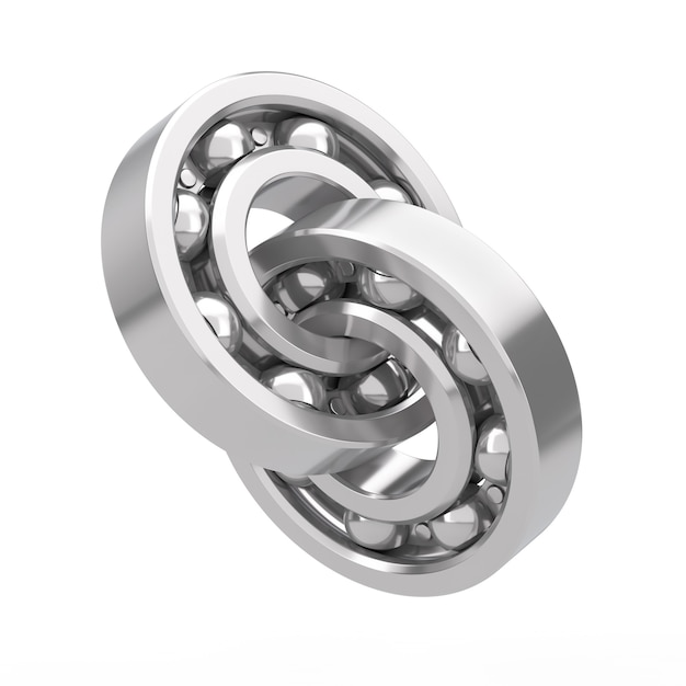 Two Connected Shiny Chrome Steel Ball Bearings on a white background. 3d Rendering