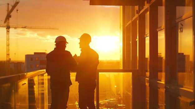 Photo two construction workers are standing on a balcony overlooking the city they are wearing hard hats and safety vests