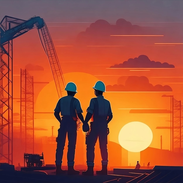 Two construction workers are standing in front of a sunset.