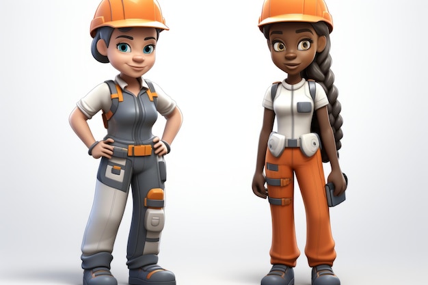 두 명의 건설 노동자 들 은 안전 모자 와 도구 벨트 를 착용 하고 있다
