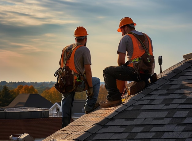 Two construction workers on a roof at sunset silhouetted against an orange sky