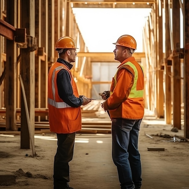 Two construction workers talking in a building site