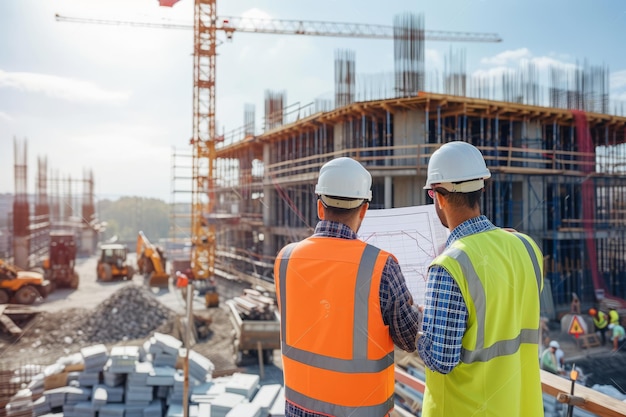 Two construction workers wearing hard hats and safety vests are looking at a blueprint while standing at a construction site