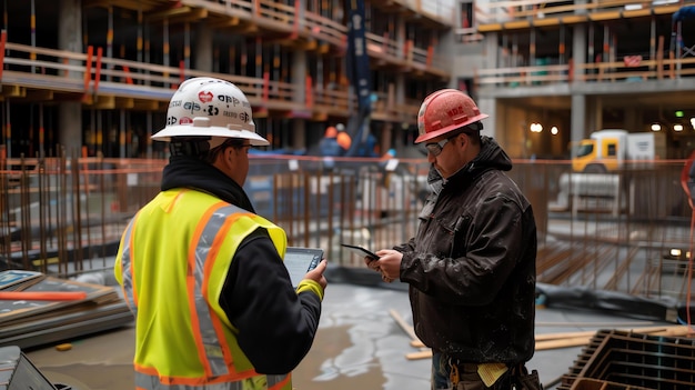 Photo two construction workers wearing hard hats and safety vests are looking at a digital tablet while standing at a construction site