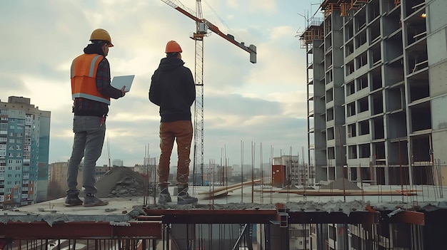 Photo two construction workers wearing hard hats and safety vests stand on a rooftop looking out at the city