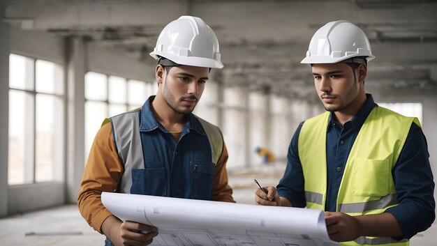 Два строителя в рабочих шлемах осматривают