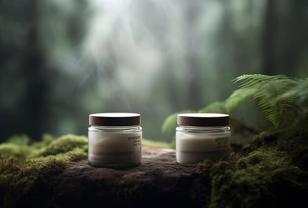 two containers of body products sit on top of a wood in the style of mysterious landscapes