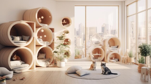 Photo two content cats inside a stylish wooden cat house set in a scandinavianinspired living room