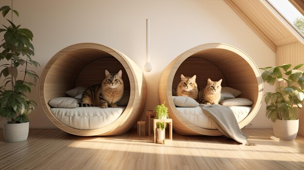 Photo two content cats inside a stylish wooden cat house set in a scandinavianinspired living room