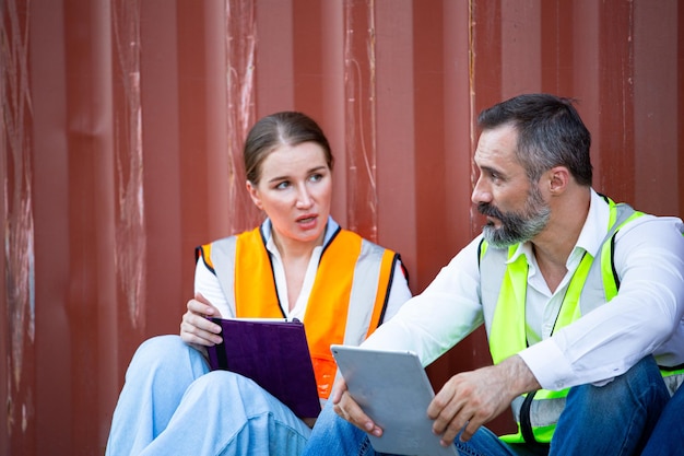 写真 2人のコントラナースタッフが座って、顧客への出荷の仕事について話し合います。