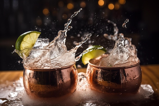 Two copper cocktails with limes splashing into the water