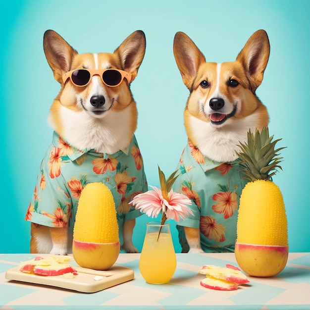 Two corgi dogs wearing flower shirts stand at a table with pineapples.