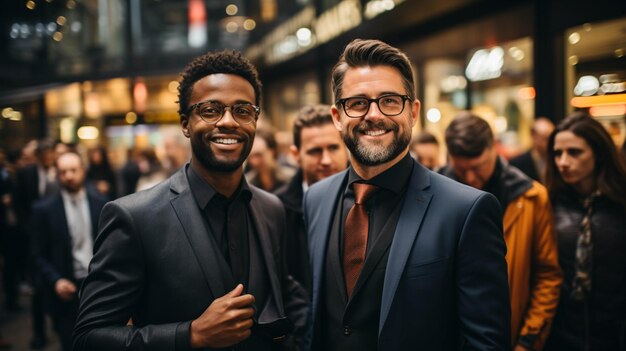 Photo two corporate men in suits looking at a laptop