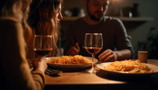 Two couples bond over food wine and friendship indoors generated by AI