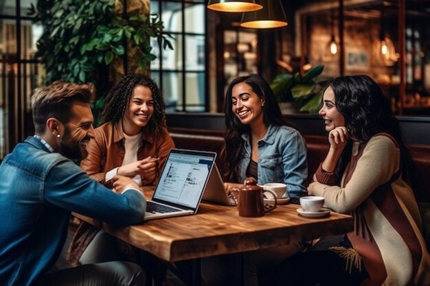 Two couples drinking coffee smiling chatting and watching video on tablet pc in cafe Generative AI