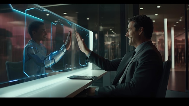 Two coworkers sharing highfive in futuristic office pod holographic screens displaying achievements