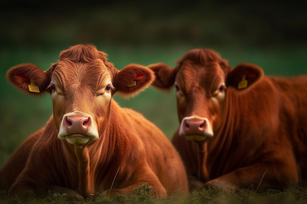 Two cows are sitting in a field, one of which is the name of the company.