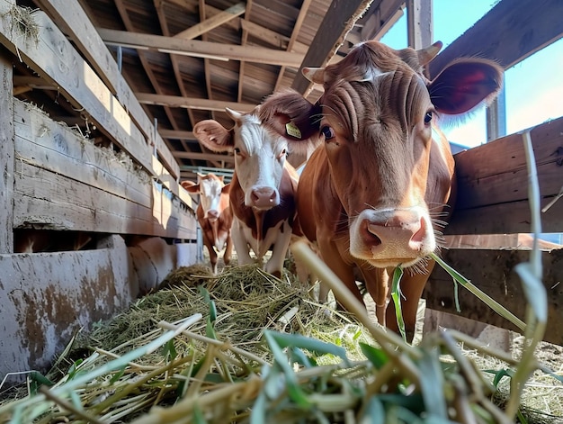 two cows are standing in a barn with hay