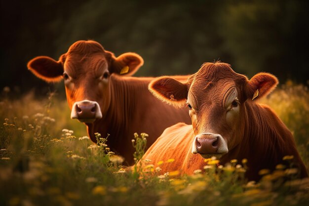 Two cows in a field of flowers