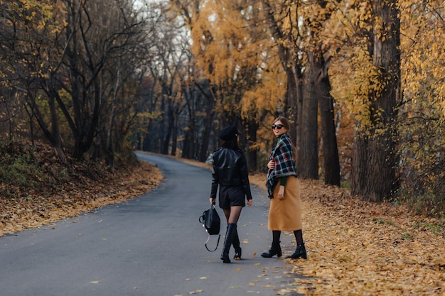 Two cozy smiling young girls walk at autumn park road