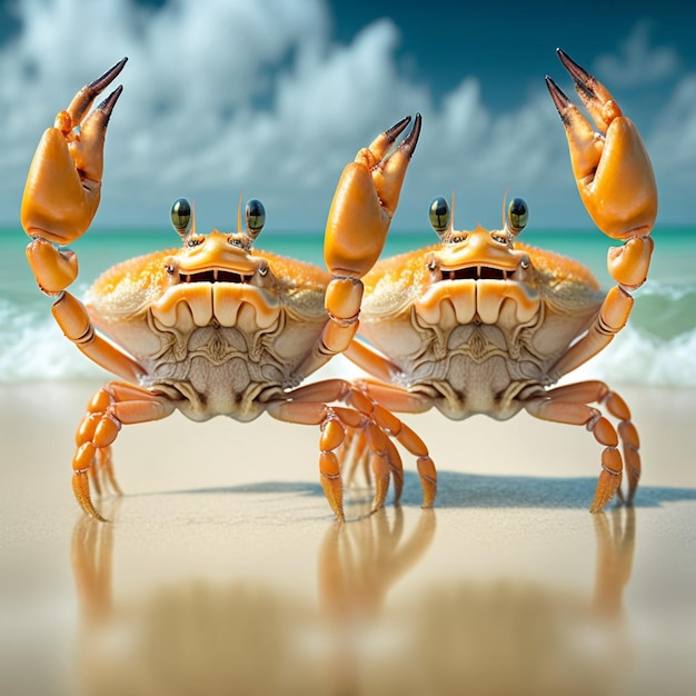 Two crabs are standing on the beach and one has the number 2 on it.